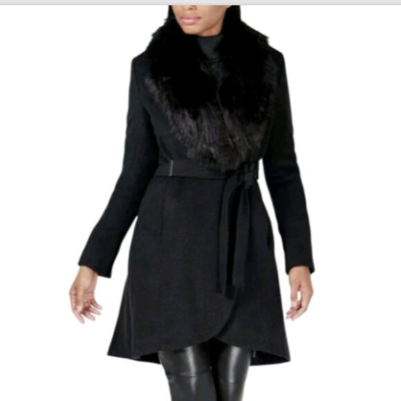 CALVIN KLEIN Faux Fur Collar Belted Wool Wrap Coat - Picture 1 of 16